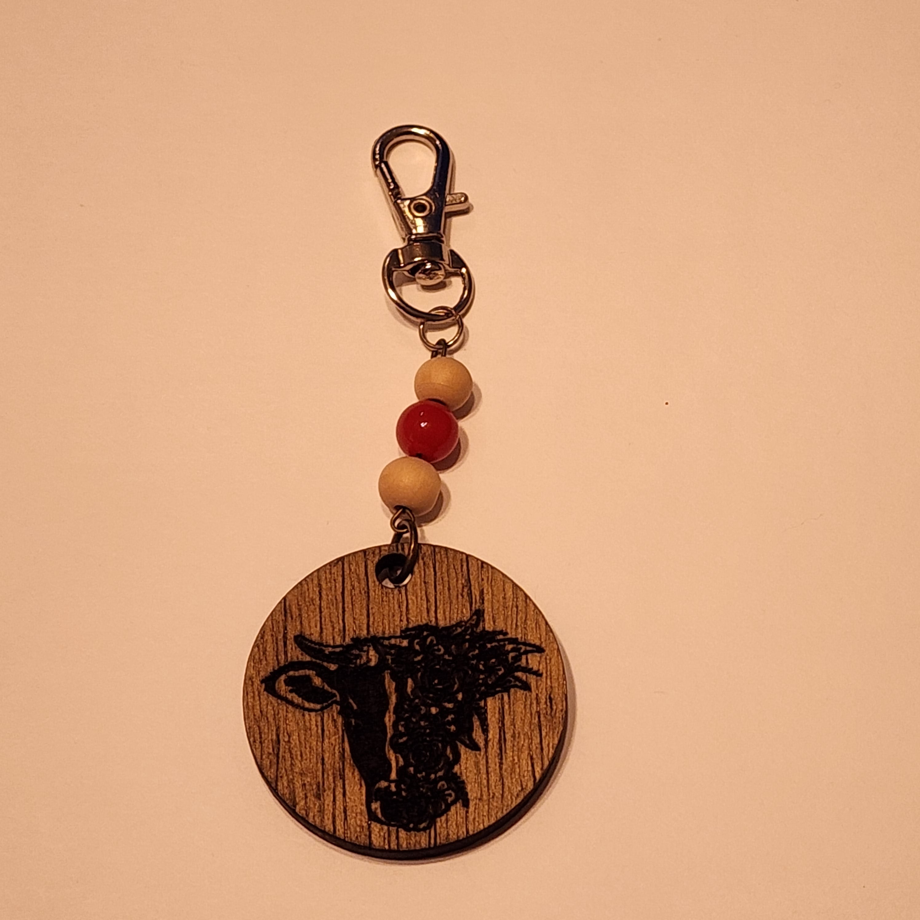 183 - Wooden Engraved Floral Cow Red