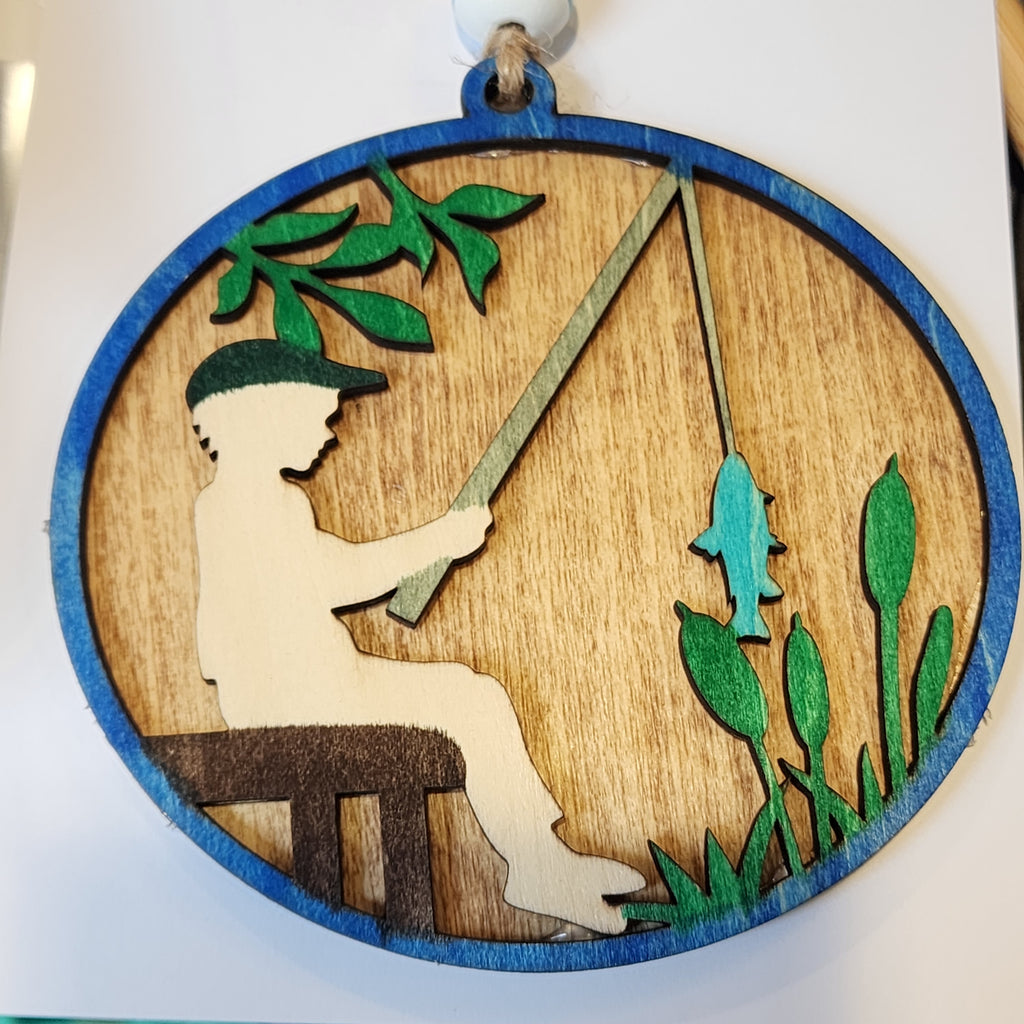 568- Layered Boy Fishing Wooden Ornament