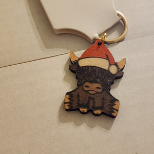 112- Christmas Highland Cow Wooden Keychain