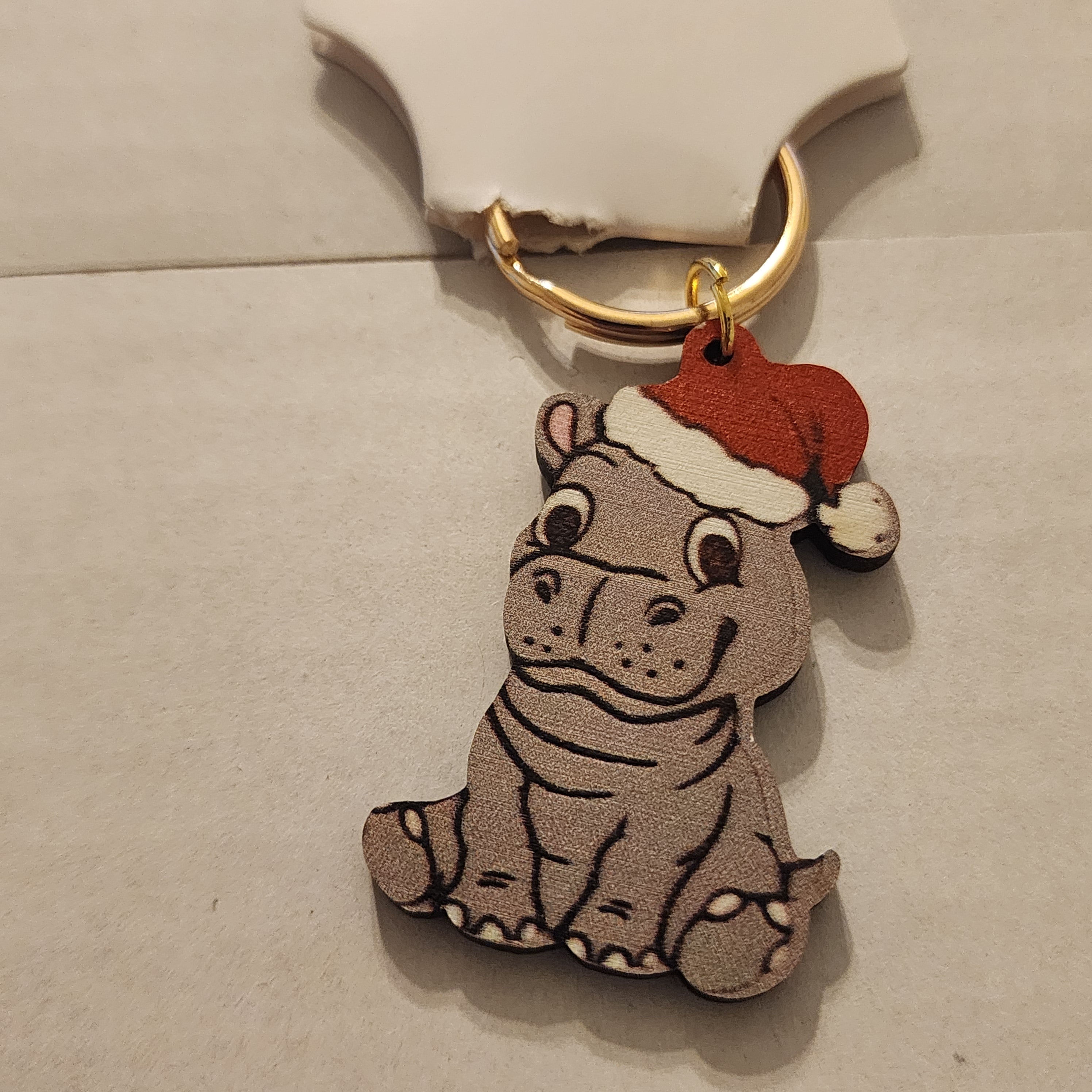 111- Christmas Hippo Wooden Keychain